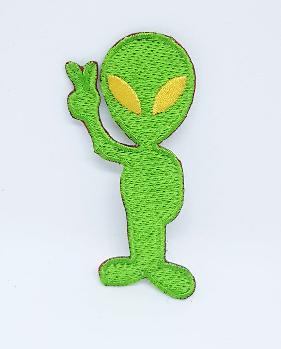 Alien UFO Peace Sign Iron Sew on Embroidered patch - Fun Patches
