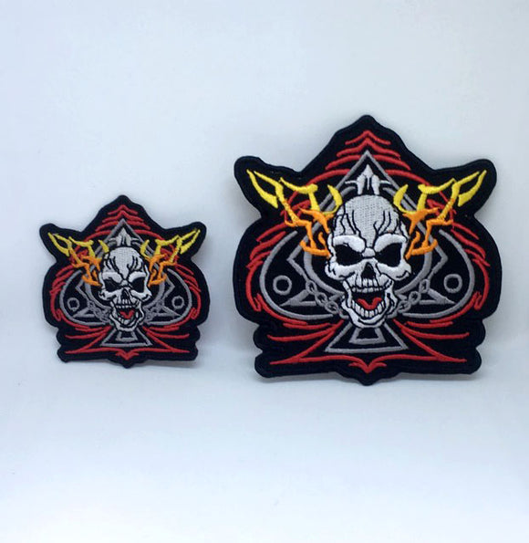 Ace of Spades Skull Biker Fire Iron on Sew on Embroidered Patch - Fun Patches