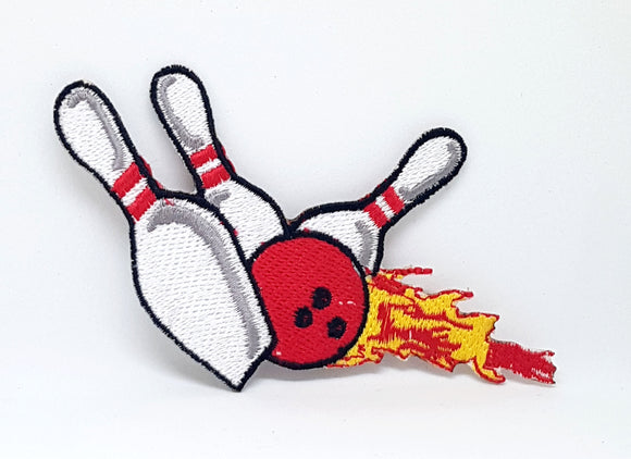 Bowling Pins & Ball Strike FLAMES Craft Iron on Embroidered patch - Fun Patches