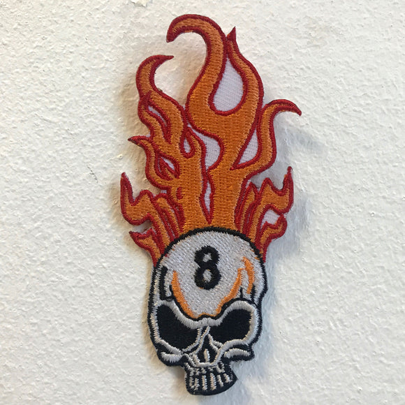 Flaming Skull 8 Ball Biker Iron on Sew on Embroidered Patch - Fun Patches