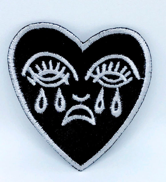 Crying Heart Black White Iron On Embroidered patch - Fun Patches