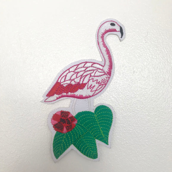 Greater flamingo pink with flower Iron on Sew on Embroidered Patch - Fun Patches