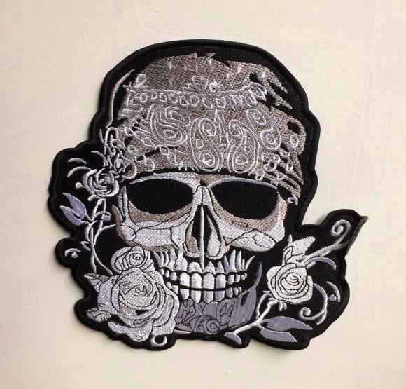 Skull Flower Biker Art Badge Large Iron or sew on Embroidered Patch - Fun Patches