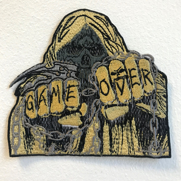 Game Over Hooded Skull Iron on Sew on Embroidered Patch - Fun Patches