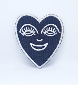 Happy Heart White on black Iron/Sew on Embroidered Patch- White - Fun Patches