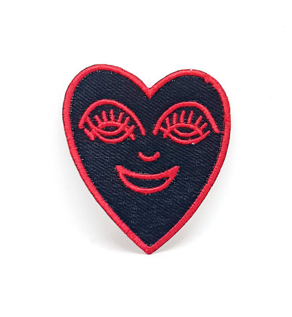 Happy Heart Red on black Iron/Sew on Embroidered Patch- Red - Fun Patches