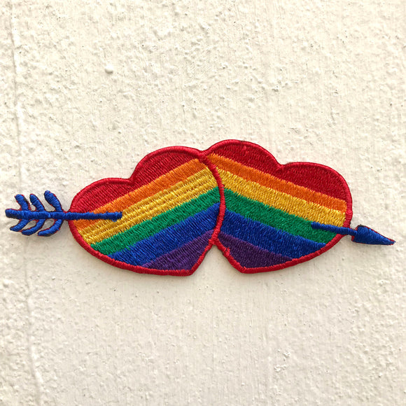 Two colourful hearts with arrow Iron on Sew on Embroidered Patch