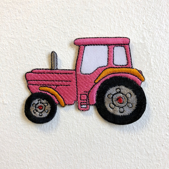 Farming Tractor Cute Pink Iron Sew on Embroidered Patch - Fun Patches