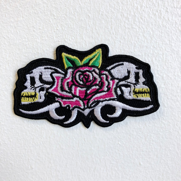 Two Skulls with Flower Biker Iron Sew on Embroidered Patch