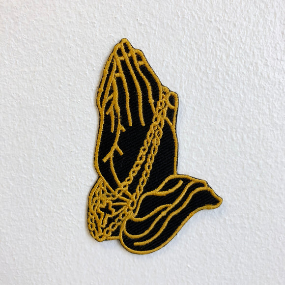 New Praying Hand Yellow Iron Sew on Embroidered Patch - Fun Patches