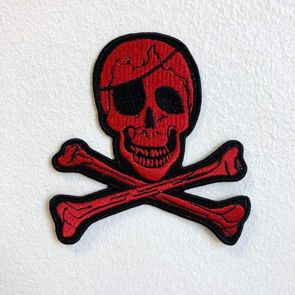 Pirate Skull with Eye Patch Red Iron Sew on Embroidered Patch - Fun Patches