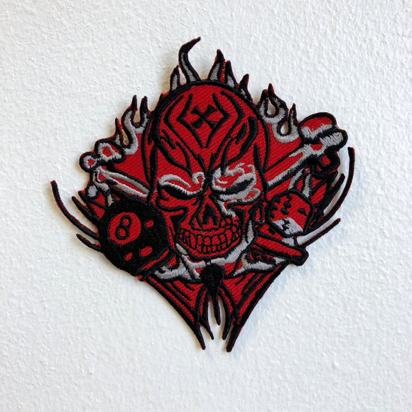 Skull 8 Ball and dice Tattoo Biker Red Iron Sew on Embroidered Patch - Fun Patches