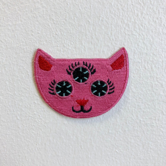 Cute Pink cat with Three Eyes Animal Iron Sew on Embroidered Patch - Fun Patches