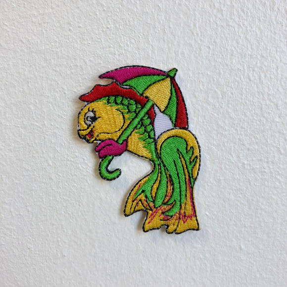 Cute Fish with Umbrella Animal Iron Sew on Embroidered Patch - Fun Patches