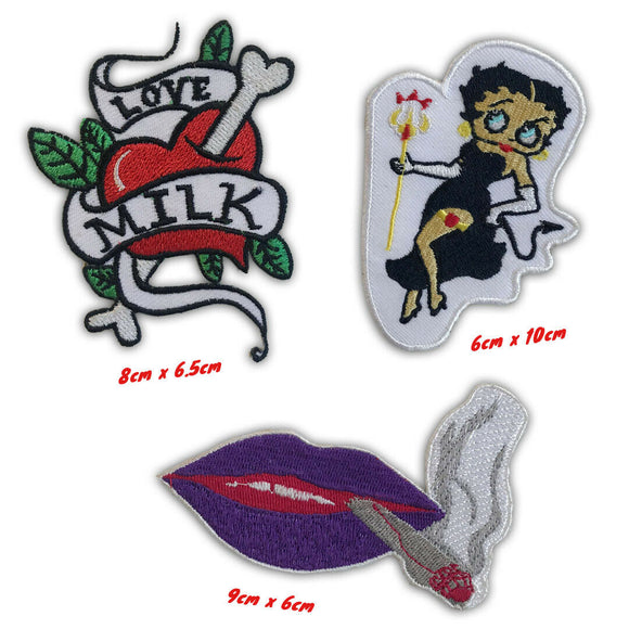 Love Milk tattoo, Devil Queen, lips biker rider Iron or sew on Embroidered Patch