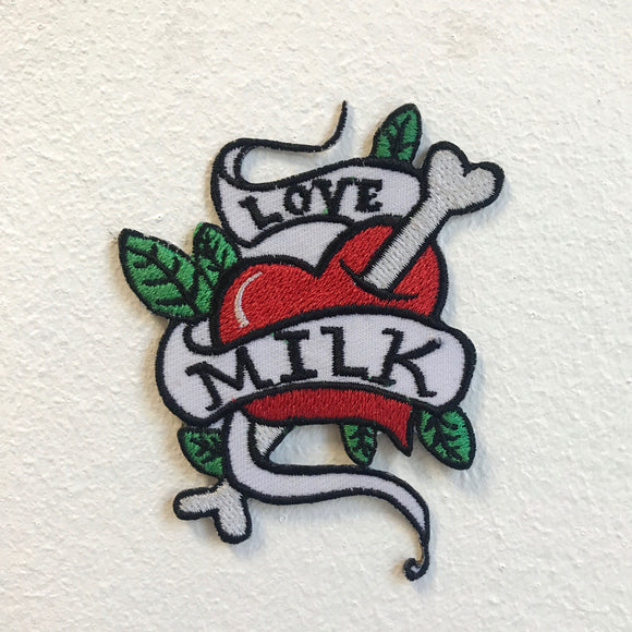 Love Milk Tattoo Heart Bone Iron on Sew on Embroidered Patch - Fun Patches