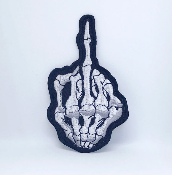 Skeleton Middle Finger Flipping Iron Sew on Embroidered Patch - Fun Patches