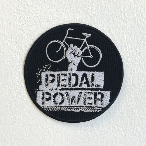 Pedal Power Bicycle Badge Black Iron Sew on Embroidered Patch - Fun Patches