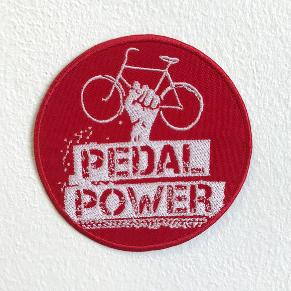 Pedal Power Bicycle Badge Red Iron Sew on Embroidered Patch - Fun Patches