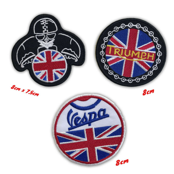 Retro Biker Union Jack Triumph Vespa Rider Iron or sew on Embroidered Patch