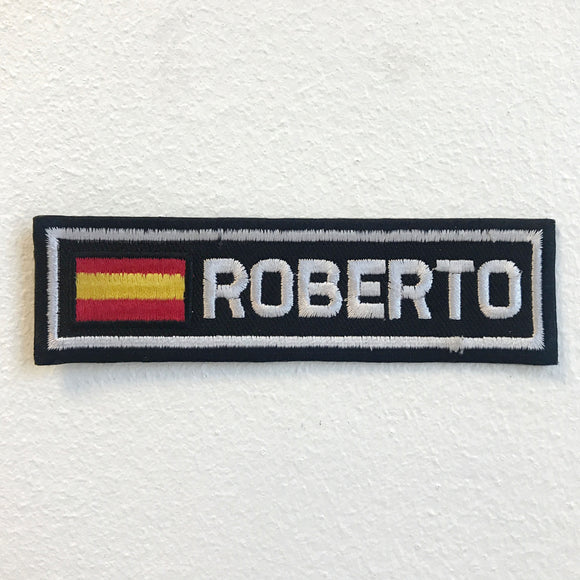 Spanish Flag with Roberto Badge Iron on Sew on Embroidered Patch - Fun Patches