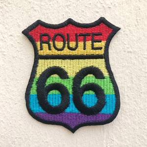 Route 66 Rainbow colour Iron on Sew on Embroidered Patch - Fun Patches