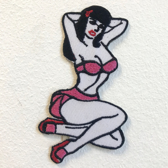 Biker Girl Sexy Lady Pink Iron on Sew on Embroidered Patch - Fun Patches