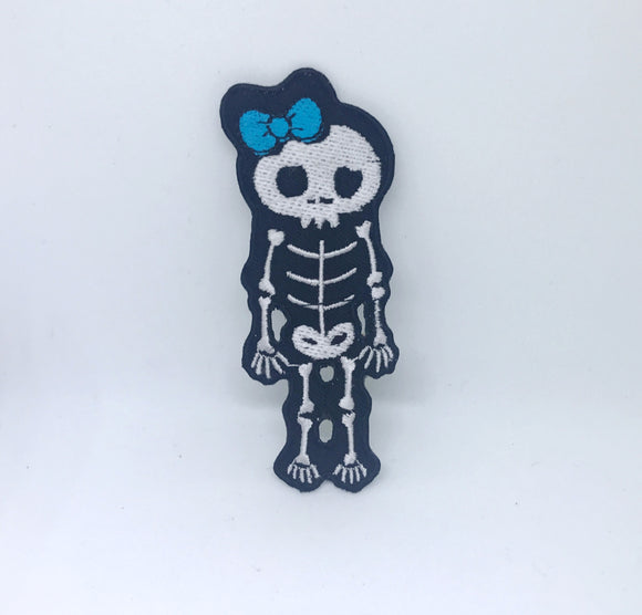 Skull Skeleton Cute Girl Biker Rock Goth Emo BOW Sew Iron On Embroidered Patch - Blue - Fun Patches