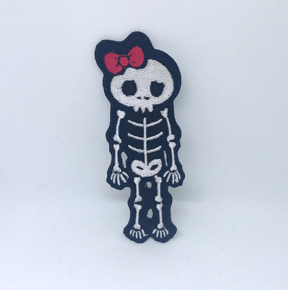 Skull Skeleton Cute Girl Biker Rock Goth Emo BOW Sew Iron On Embroidered Patch - Red - Fun Patches