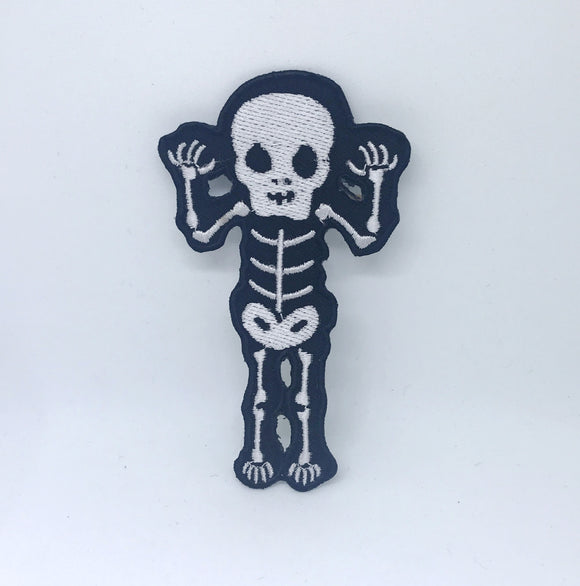 CUTE Waving Skeleton Biker Rock waving skull Iron On Embroidered Patch - White - Fun Patches