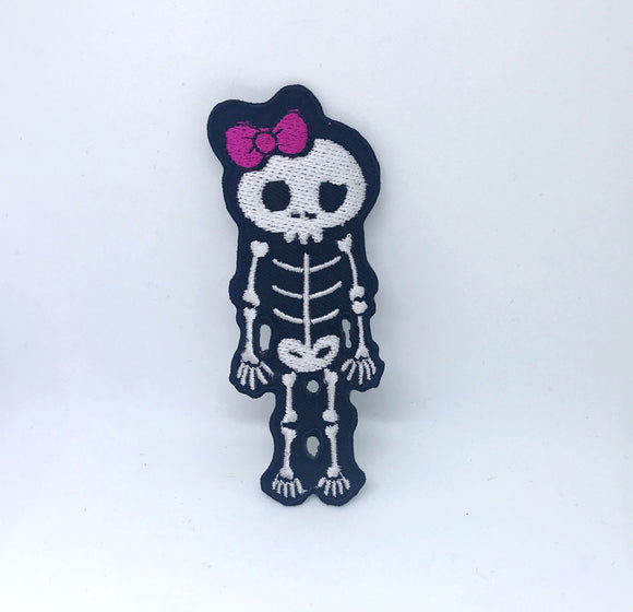 Skull Skeleton Cute Girl Biker Rock Goth Emo BOW Sew Iron On Embroidered Patch - Pink - Fun Patches