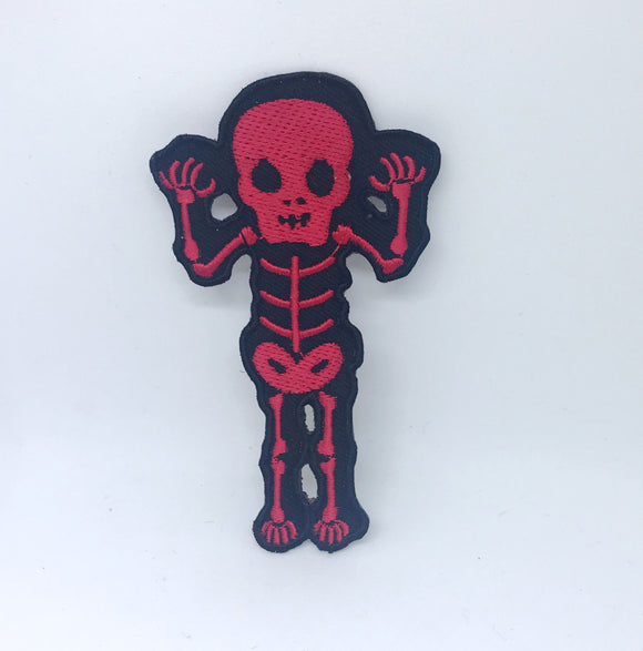 CUTE Waving Skeleton Biker Rock waving skull Iron On Embroidered Patch - Red - Fun Patches