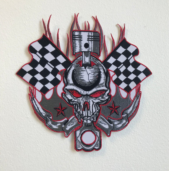 Skull Checkered Flag Hot Rod Large Biker Jacket Back Sew On Embroidered Patch - Fun Patches