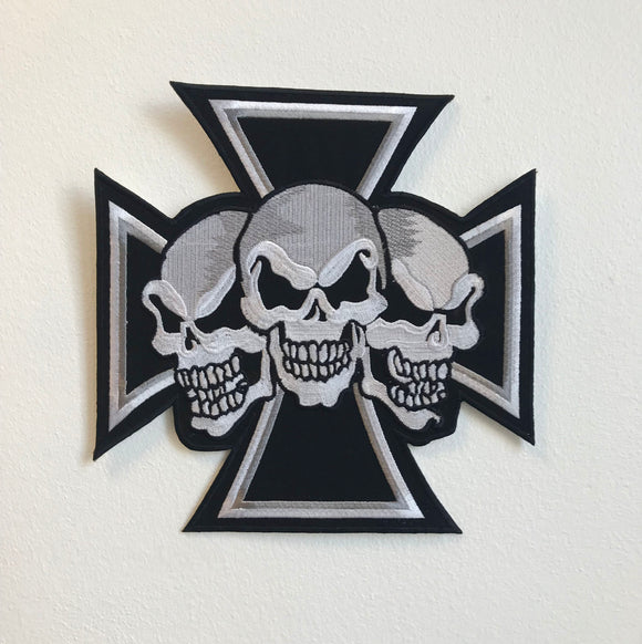 Three Skull Cross Rider Large Biker Jacket Back Sew On Embroidered Patch - Fun Patches