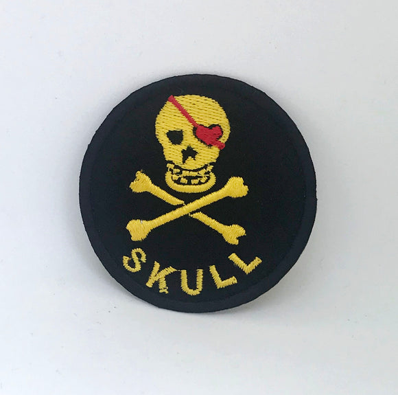 Skull With Crossbones Round Iron on Sew on Embroidered Patch white YELLOW - Fun Patches