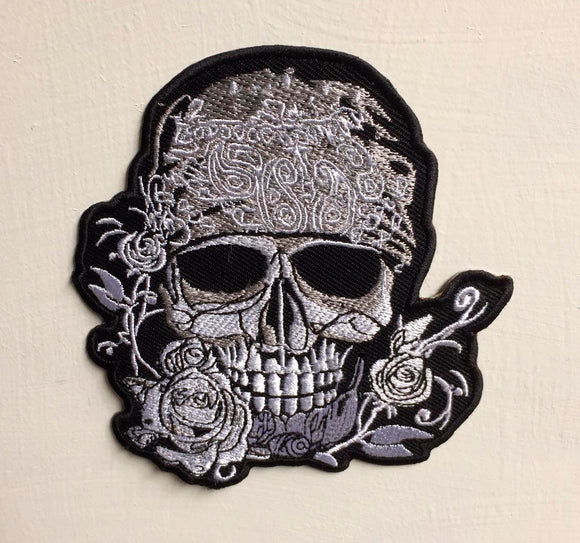 Skull Flower Biker Art Badge Iron or sew on Embroidered Patch - Fun Patches