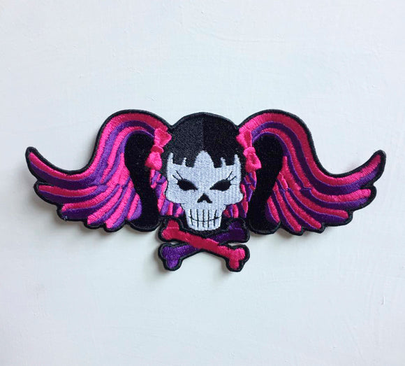 Skull girl with pink hair Art Badge Iron or sew on Embroidered Patch - Fun Patches