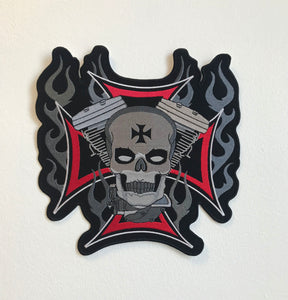 Motorcycles Rider Skull Flame Large Biker Jacket Back Sew On Embroidered Patch - Fun Patches