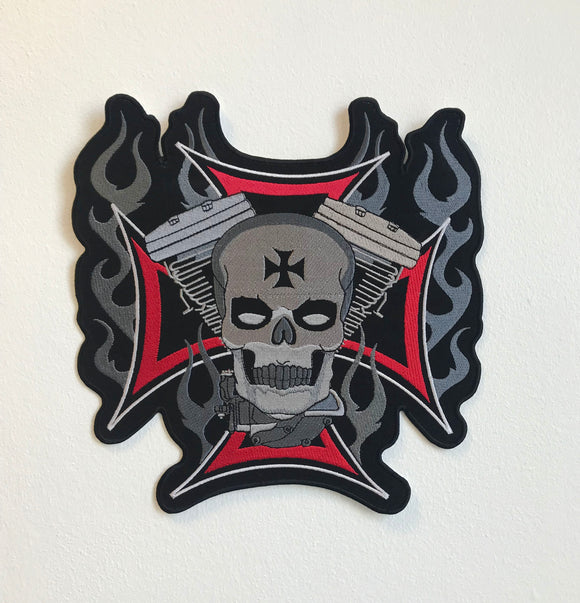 Motorcycles Rider Skull Flame Large Biker Jacket Back Sew On Embroidered Patch - Fun Patches