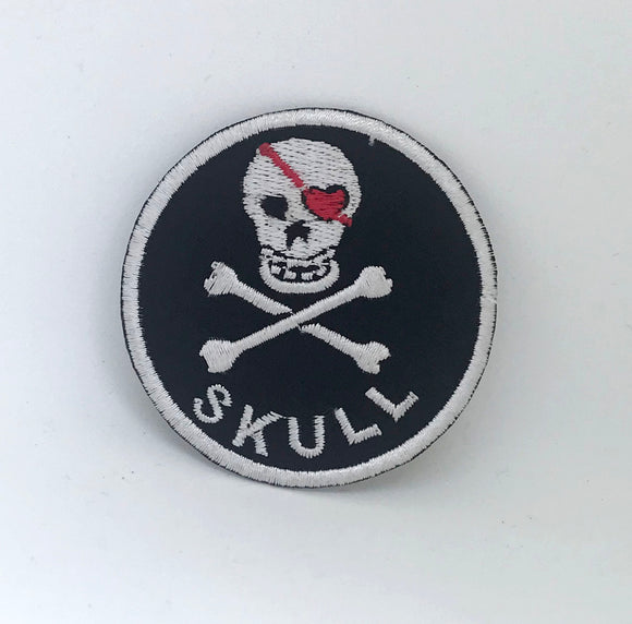 Skull With Crossbones Round Iron on Sew on Embroidered Patch - White - Fun Patches