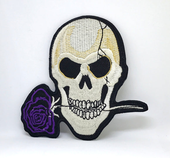 Grinning Skull with Rose Gothic Biker Iron On halloween Embroidered Patch - Fun Patches