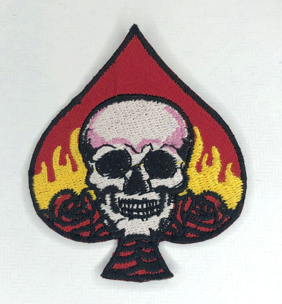 Skull on Fire in Ace of Spade Badge Clothing Iron on Sew on Embroidered Patch