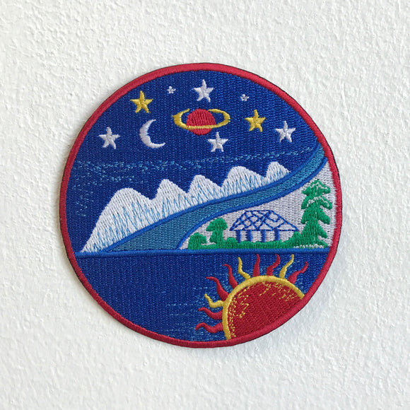 Beautiful Scenery Moon Stars Trees Ocean Mountain Hut Sun Iron Sew on Embroidered Patch - Fun Patches