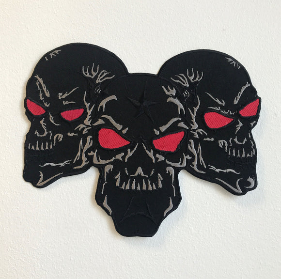 Three Skull Black Large Biker Jacket Back Sew On Embroidered Patch - Fun Patches
