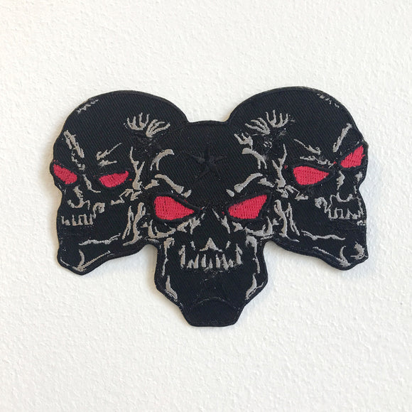Three Skull Black with burning eyes Iron Sew On Embroidered Patch - Fun Patches