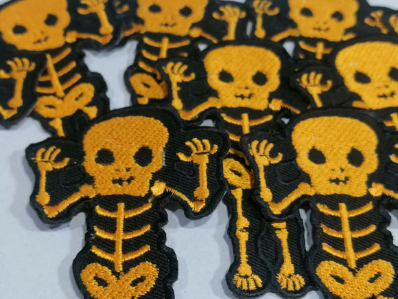 CUTE Waving Skeleton Biker Rock waving skull Iron On Embroidered Patch halloween  - Yellow