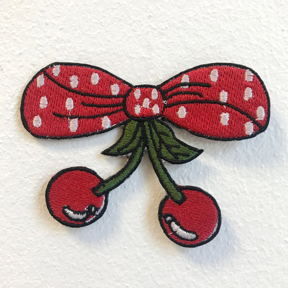 Polka dot Cherry Bow Badge Iron on Sew on Embroidered Patch - Fun Patches