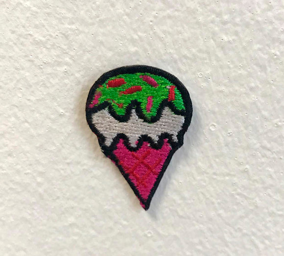 Ice Cream Cone Colourful Art Badge Green Iron or sew on Embroidered Patch - Fun Patches
