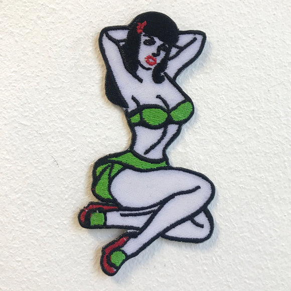 Biker Girl Sexy Lady Green Iron on Sew on Embroidered Patch - Fun Patches