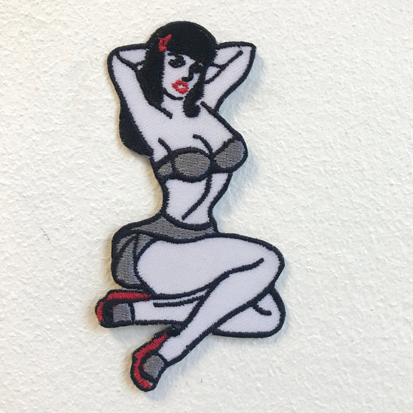 Biker Girl Sexy Lady Grey Iron on Sew on Embroidered Patch - Fun Patches